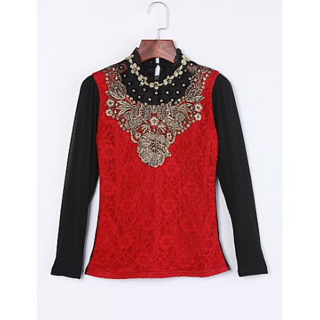 Women's Casual/Daily / Plus Size Simple Spring / Fall / Winter Blouse,Solid Stand Long Sleeve Red / Black Polyester Medium