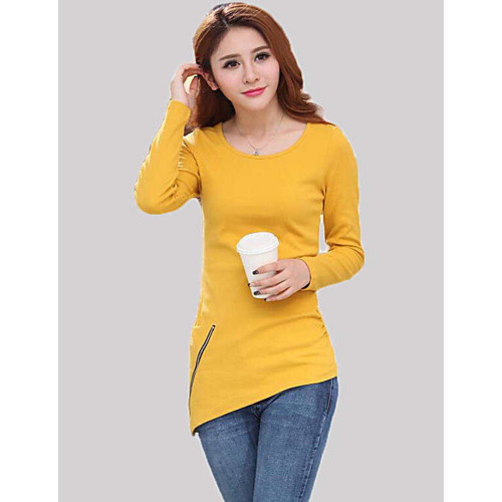 Women's Casual/Daily Simple Fall T-shirtSolid Round Neck Long Sleeve Black / Yellow Cotton Medium