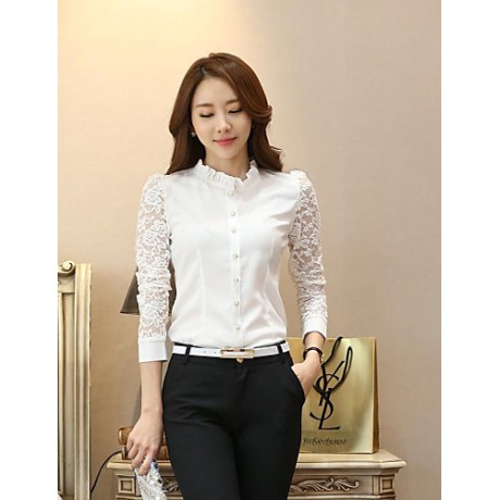  Women's Solid White Shirt,Shirt Collar Long Sleeve