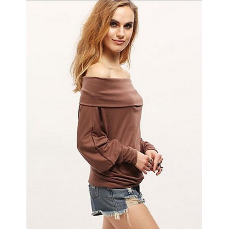 Women's Casual Fall / Winter T-shirt Solid Off Shoulder Long Sleeve White / Brown Shirt