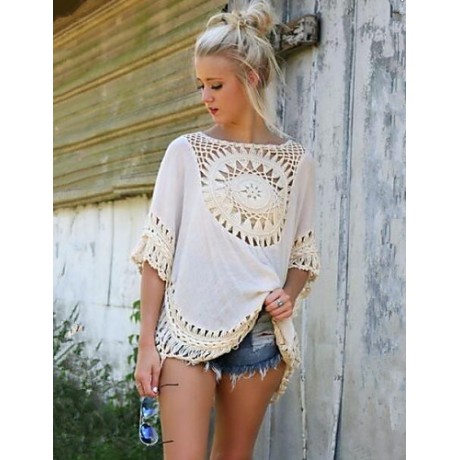 Women's Patchwork Lace Bohemian style Hollow Out Blouse,Round Neck ? Length Sleeve