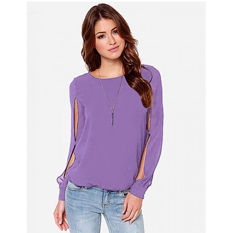 Sexy All Seasons Blouse,Solid Round Neck Long Sleeve Blue / Pink Polyester Thin