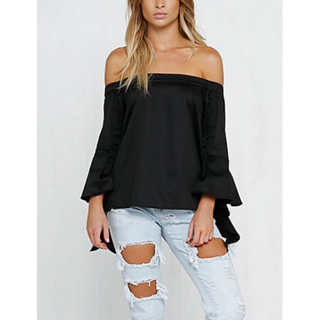 Women's Solid White / Black Blouse,Boat Neck ? Sleeve