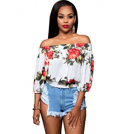 Women's Sexy Simple Boat Neck Off Shoulder Floral Print Summer Blouse