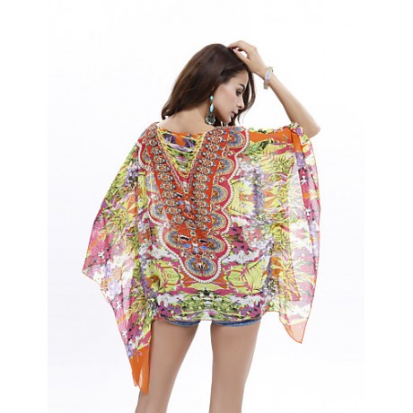 Women's Plus Size Batwing Sleeve Floral Print Chiffon Blouse