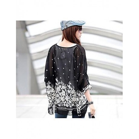 Women's Casual/Daily Boho All Seasons Blouse,Print Round Neck Short Sleeve Blue / Black Thin