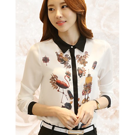 Women's Wild Commuter Contrast Color Stitching Print Long Sleeve Chiffon Shirt