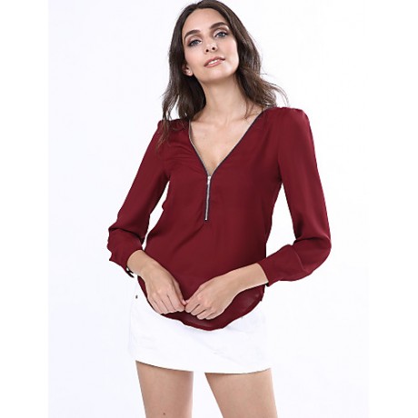 Women‘s V Neck Long Sleeve Zipper Blouse(More Colors)