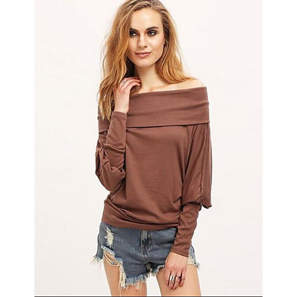 Women's Casual Fall / Winter T-shirt Solid Off Shoulder Long Sleeve White / Brown Shirt