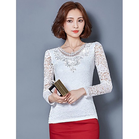 Spring Fall Casual Plus Size Women's Tops Solid Color V Neck Long Sleeve Lace Blouse Pink / White / Black