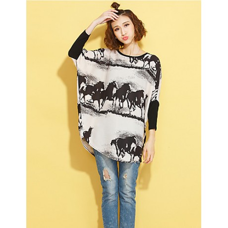 Women's Going out Street chic Fall T-shirt,Print Round Neck Long Sleeve Beige Polyester Medium