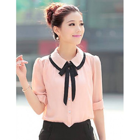 Women's Cute Contrast Bow Collar Half Sleeve Shirt