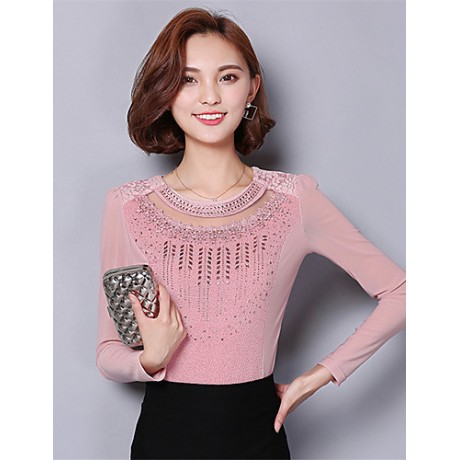 Spring Fall Women's Going out Fashion Wild Solid Color Patchwork Round Neck Long Sleeve Shirt