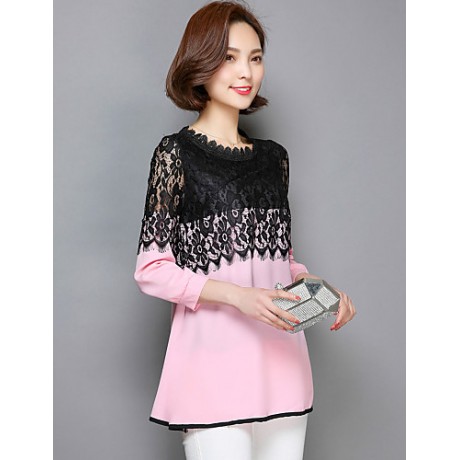 Women's Patchwork Pink / Red / Black Long section Blouse,Casual Lace Cut Out Fashion Round Neck ? Sleeve Polyester/Nylon