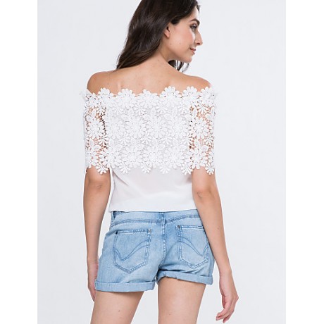 Women's Lace Cutout Off Shoulder Patchwork T-shirt