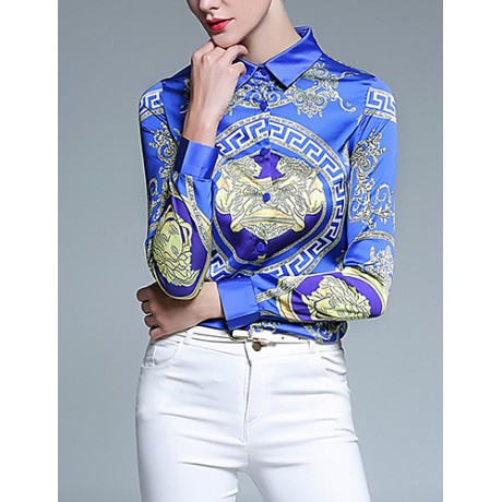 Women's Casual/Daily Vintage All Seasons ShirtPrint Shirt Collar Long Sleeve Blue Polyester Medium