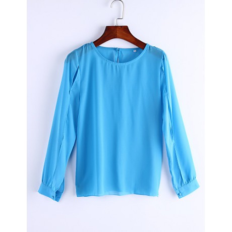 Sexy All Seasons Blouse,Solid Round Neck Long Sleeve Blue / Pink Polyester Thin