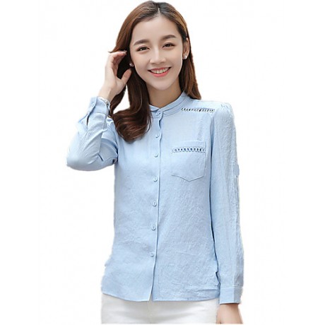 Women's Korean Stand Collar Crochet Cut Out Flax Solid OL Long Sleeve Shirt