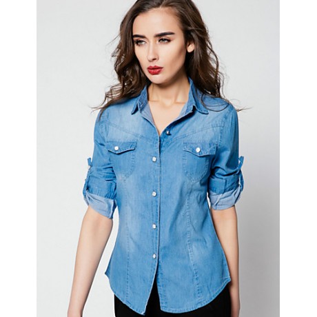 Women's Casual/Daily / Formal Vintage Spring / Fall ShirtSolid Shirt Collar Long Sleeve Blue Polyester Medium