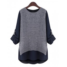 Women's Plus Size Round Neck Long Sleeve Patchwork / Color False Two-Piece Blouse