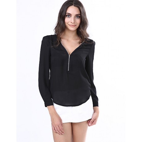 Women‘s V Neck Long Sleeve Zipper Blouse(More Colors)