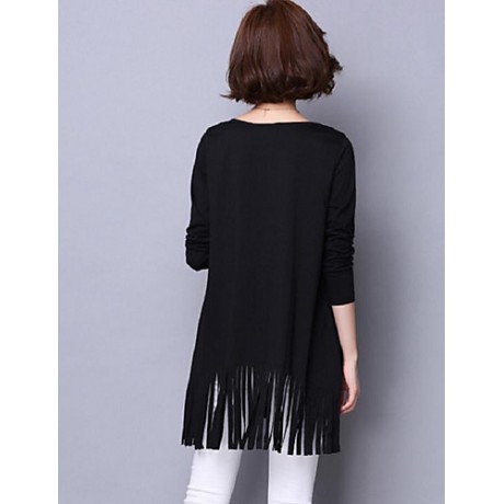 Women's Casual/Daily / Plus Size Street chic Fall T-shirt,Solid Round Neck Long Sleeve Black Cotton Medium