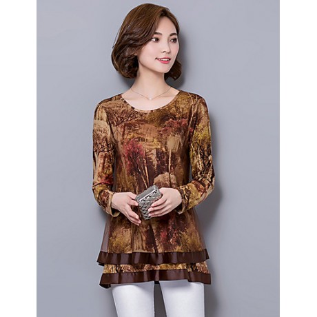 Women's Plus Size / Going out / Casual/Daily Street chic Spring / Fall BlousePrint Round Neck Long Sleeve