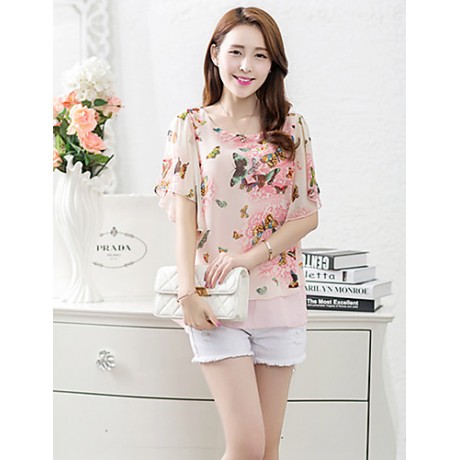 Women's Going out Simple / Street chic Blouse,Floral Round Neck Short Sleeve Blue / Pink Polyester Thin