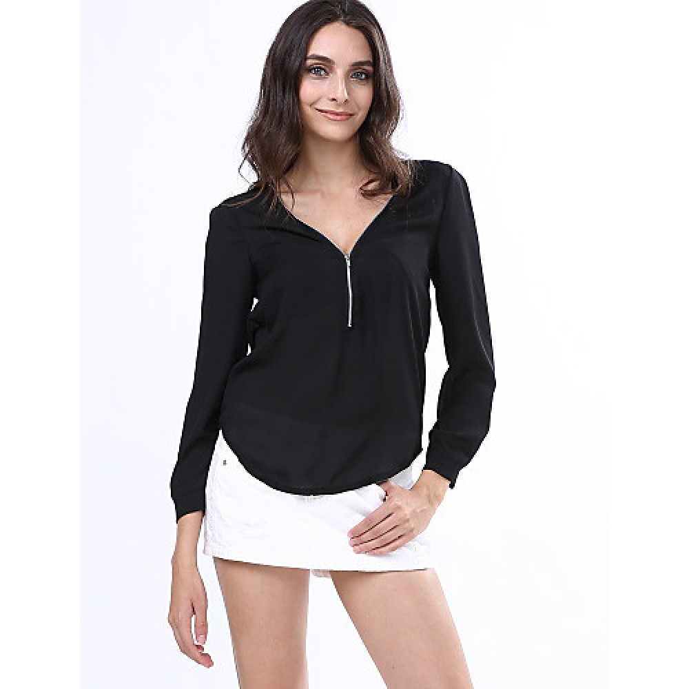 Women‘s V Neck Long Sleeve Zipper Blouse(More Colors)