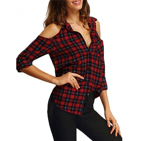 Women's Going out / Casual/Daily Sexy / Street chic Off-The-Shoulder Shirt Plaid Shirt Collar Long Sleeve