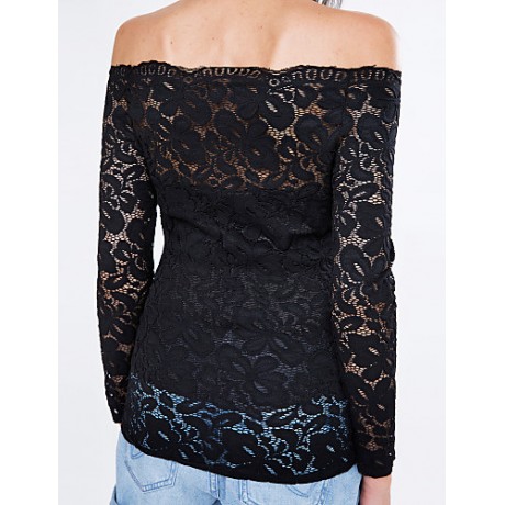 Women's Vogue Lace Bateau Long Sleeve Hollow Out Lace T-shirt