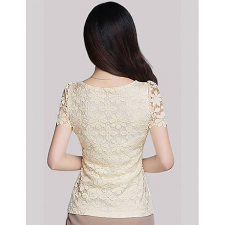 Summer Plus Size Women Solid Color Round Neck Short Sleeve Lace Blouse Slim Was Thin T-shirt Tops