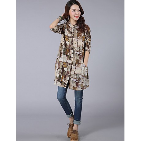 Women's Going out Street chic Fall Shirt,Print Shirt Collar Long Sleeve Blue / Red / Green Polyester Thin