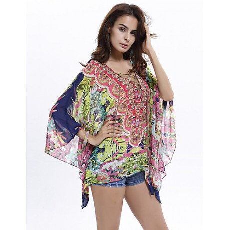 Women's Plus Size Batwing Sleeve Floral Print Chiffon Blouse