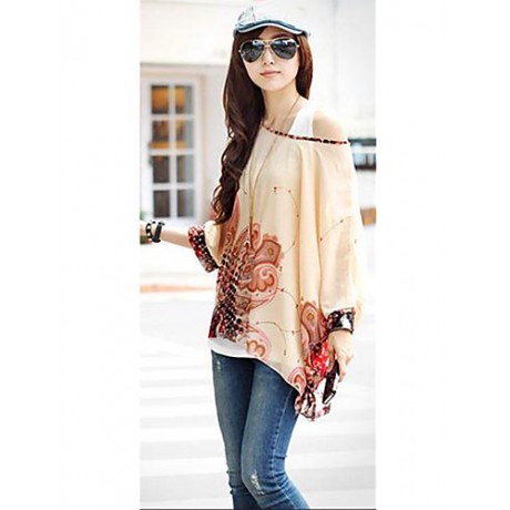 Women's Slack Neck Batwing Sleeve Printed Loose-Fitting Blouse