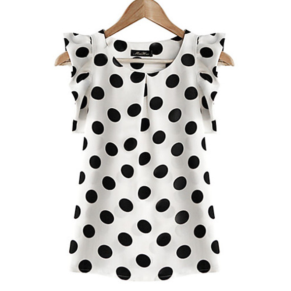 Women's Casual/Daily / Plus Size Simple Summer Blouse,Polka Dot Round Neck Short Sleeve White Polyester Translucent