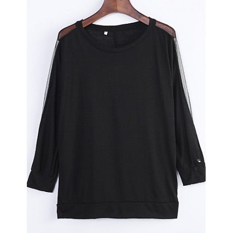 Women's Batwing Round Neck Sheer Mesh Cape Sleeve Loose T-Shirt