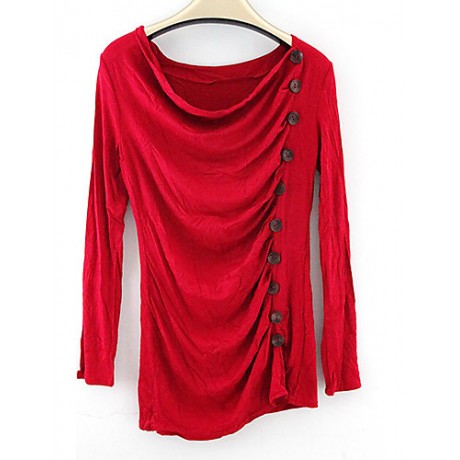 Women's Casual/Daily Vintage All Seasons T-shirt,Solid Cowl Long Sleeve Red / Black Polyester Thin