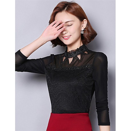 Spring Fall Women's Going out Fashion Wild Casual Solid Color Patchwork Stand Long Sleeve Blouse