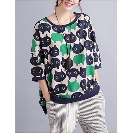 Women's Casual/Daily Cute / Street chic Spring / Fall T-shirt Print Round NeckSleeve Green Cotton / Linen Medium