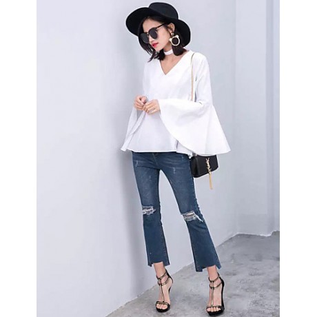 Women's Flare Sleeve Solid White / Black Loose Thin Blouse,Plus Size V Neck Long Sleeve