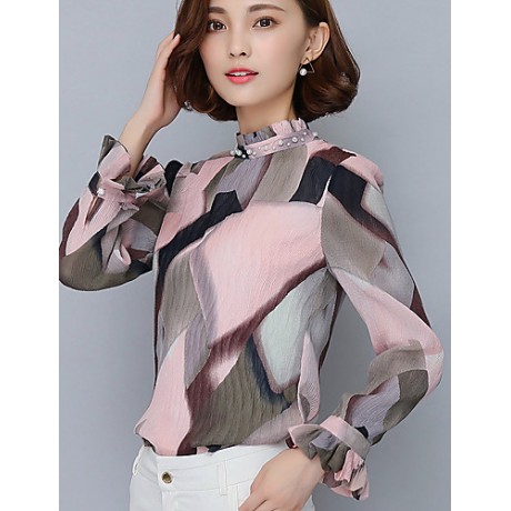 Spring Fall Go out Casual Women's Tops Fashion Wild Pink Printing Stand Collar Long Sleeve Chiffon Blouse