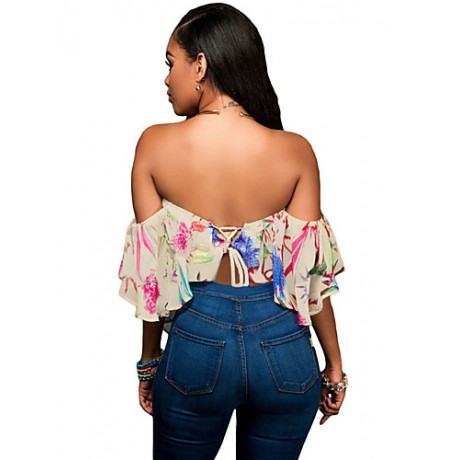 Women's Multicolor Print Off Shoulder Apricot Crop Top