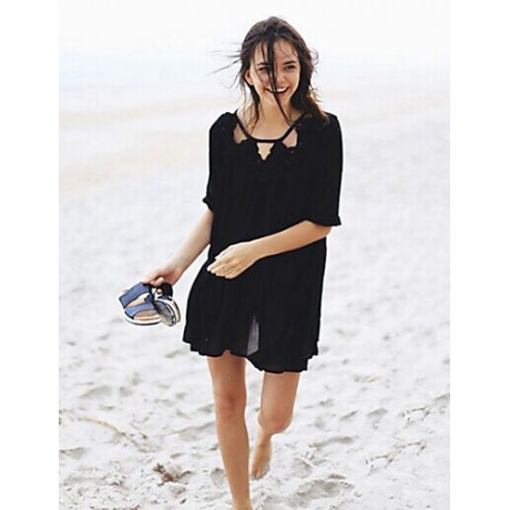 Women's Beach Simple Blouse,Solid Round Neck ? Length Sleeve Black Cotton Thin