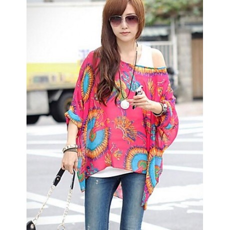 Women's Casual/Daily Boho / Street chic All Seasons Blouse,Print Slash Neck Long Sleeve Purple Thin