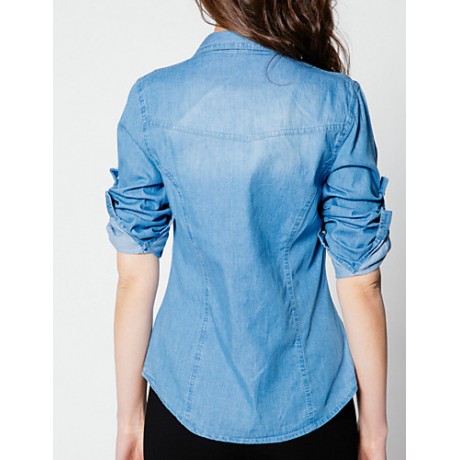 Women's Casual/Daily / Formal Vintage Spring / Fall ShirtSolid Shirt Collar Long Sleeve Blue Polyester Medium