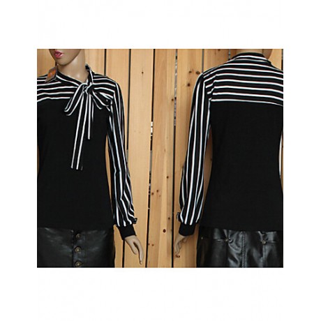 Women's Bow Neck Stripes Print Long Sleeves T-shirt