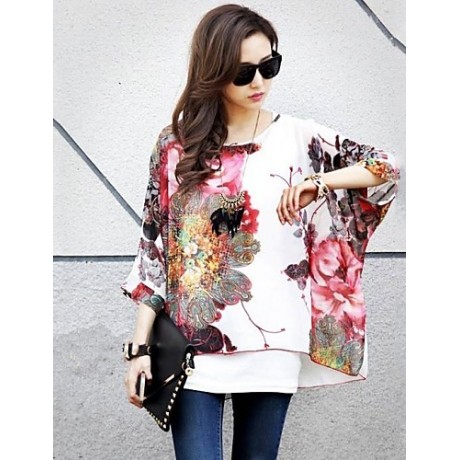 Women's Flower Print Loose Blouse & Vest,Round Neck