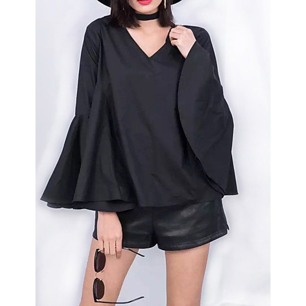 Women's Flare Sleeve Solid White / Black Loose Thin Blouse,Plus Size V Neck Long Sleeve