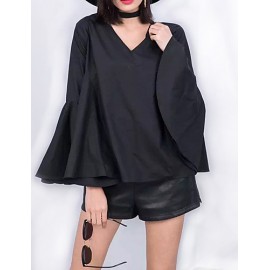 Women's Flare Sleeve Solid White / Black Loose Thin Blouse,Plus Size V Neck Long Sleeve